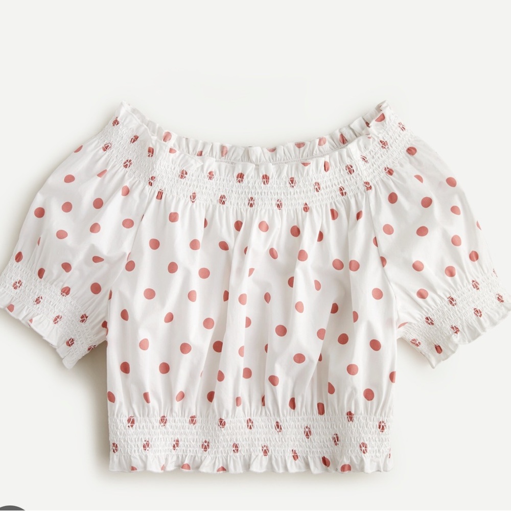 NWT J Crew Puff Sleeve Smocked White Rose Dot Top